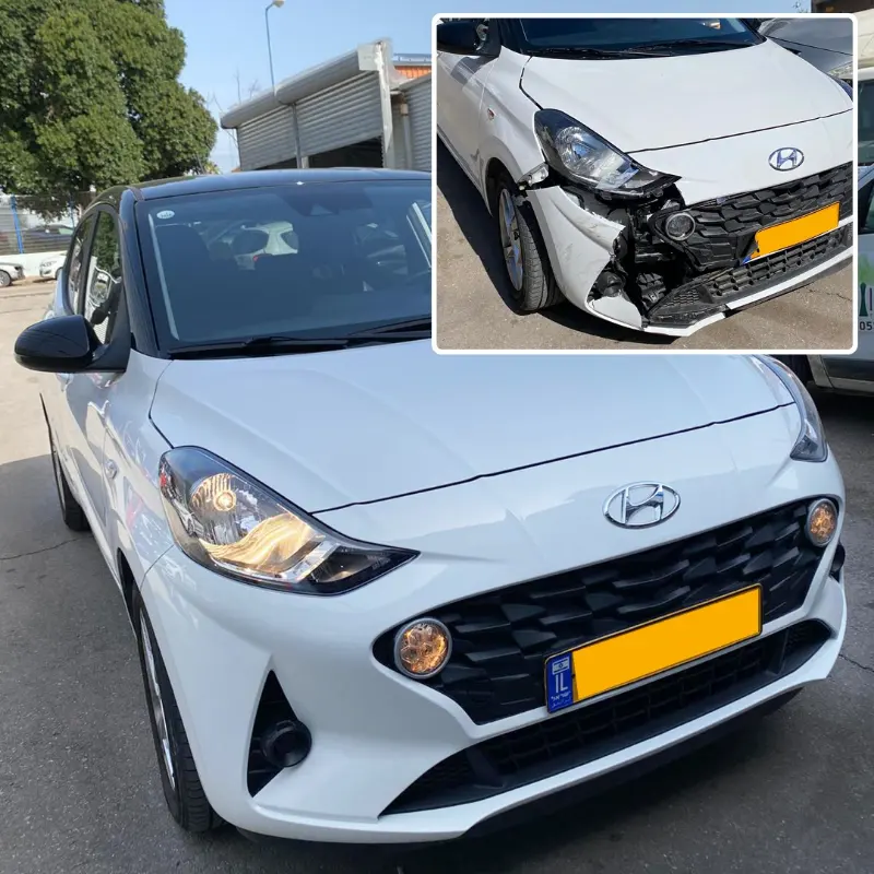 תיקון תאונה ליונדאי i10 במחלקת הפחחות של פרו מוטורס — הנזק בפינה, התוצאה בגדול