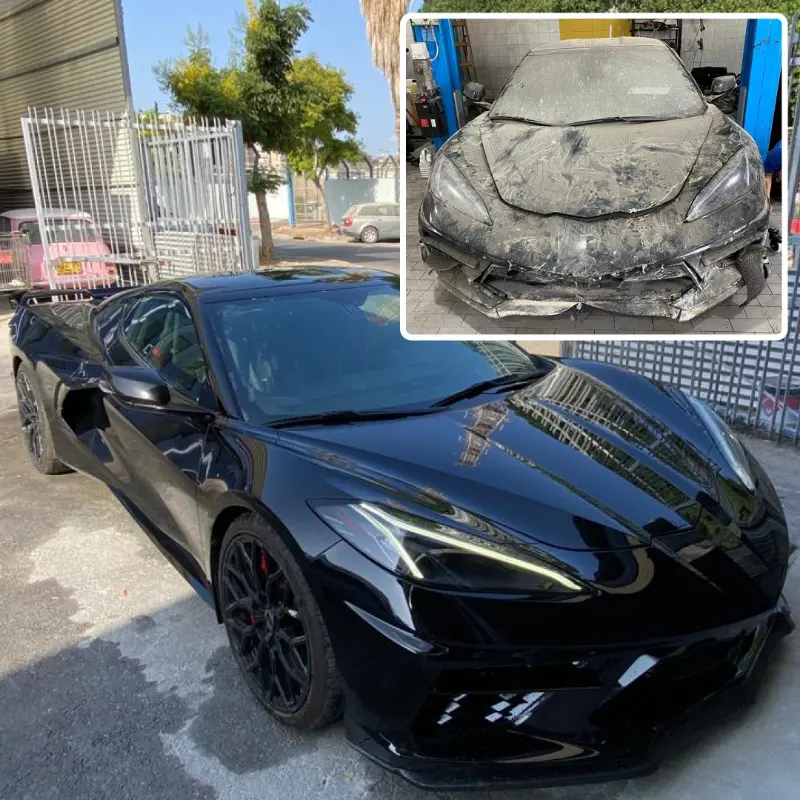 תיקון תאונה לרכב ספורט במחלקת הפחחות של פרו מוטורס — הנזק בפינה, התוצאה בגדול