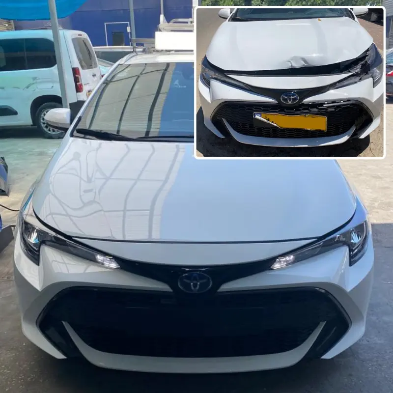 תיקון תאונה לטויוטה קורולה במחלקת הפחחות של פרו מוטורס — הנזק בפינה, התוצאה בגדול